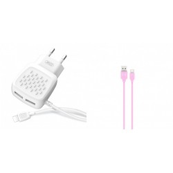 XO L51 Walll Adapter 2Usb+Lightning Cable 2.1A White+XO NB36 Type C DataCable 2.1A 1m Pink