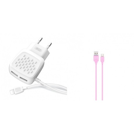 XO L51 Walll Adapter 2Usb+Lightning Cable 2.1A White+XO NB36 Type C DataCable 2.1A 1m Pink