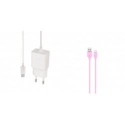 MaxLife MXTC-03 Type C Fast Travel Charger 2.1A White+XO NB36 Type C DataCable 2.1A 1m Pink