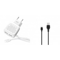 XO L51 Walll Adapter 2Usb+Lightning Cable 2.1A White+XO NB103 MicroUsb DataCable 2.1A 2m Black