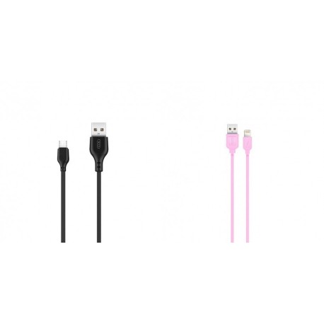XO NB103 MicroUsb DataCable 2.1A 2m Black+XO NB36 Usb/Lightning DataCable 2.1A 1m Pink