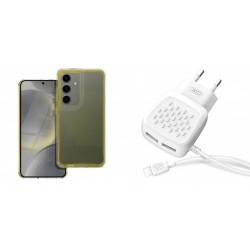 Xiaomi Redmi 14C Matrix Clear Silicone Yellow+XO L51 Walll Adapter 2Usb+Lightning Cable 2.1A White