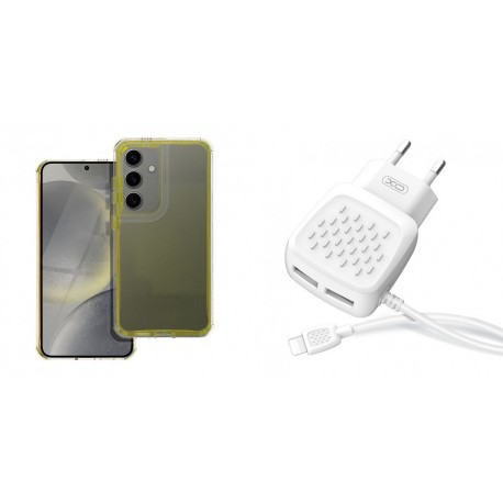 Xiaomi Redmi 14C Matrix Clear Silicone Yellow+XO L51 Walll Adapter 2Usb+Lightning Cable 2.1A White