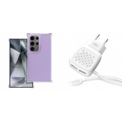Xiaomi Redmi 14C Matrix Clear Silicone Light Violet+XO L51 Walll Adapter 2Usb+Lightning Cable 2.1A White