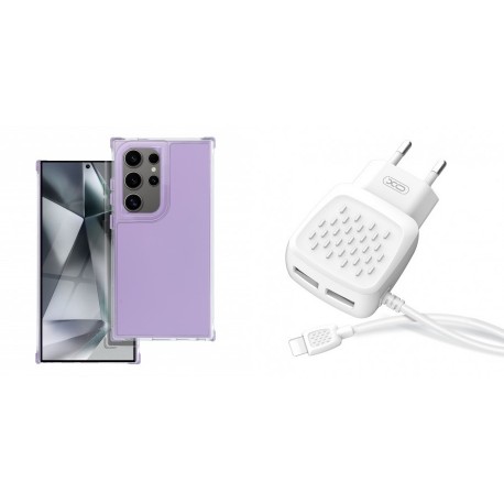 Xiaomi Redmi 14C Matrix Clear Silicone Light Violet+XO L51 Walll Adapter 2Usb+Lightning Cable 2.1A White