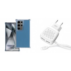 Xiaomi Redmi 14C Matrix Clear Silicone Blue+XO L51 Walll Adapter 2Usb+Lightning Cable 2.1A White
