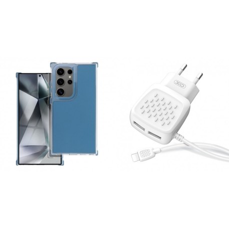 Xiaomi Redmi 14C Matrix Clear Silicone Blue+XO L51 Walll Adapter 2Usb+Lightning Cable 2.1A White