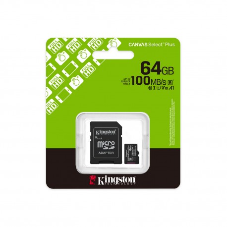 Kingston MicroSD Card 64GB+Adapter Canvas Select Plus Gen3 100MB/s 