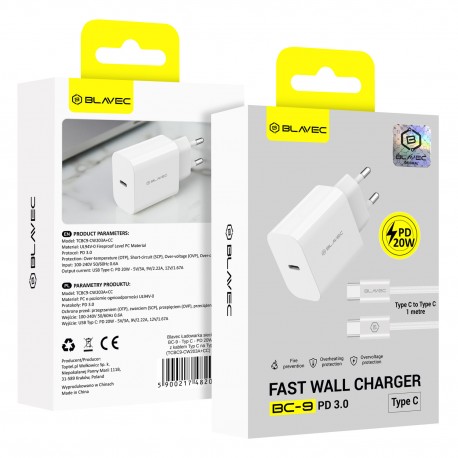 Blavec BC-9 PD Wall Adapter 20W 3A Usb-C+Usb-C/Usb-C Cable White