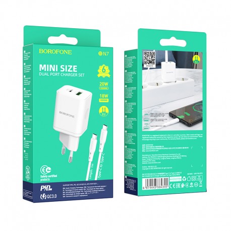 XO BN7 PD Wall Adapter Charger 20W Usb+Usb-C+Usb-C/Usb-C Data Cable QC 3.0 White