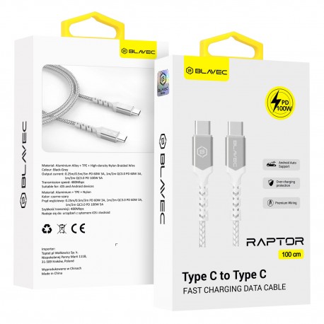Blavec Raptor Braided CRA-CC5WS10 PD Usb-C/Usb-C DataCable 100W 5A 1m White