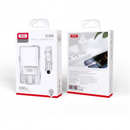 XO CE02C Wall Adapter Charger 2Usb+Micro Usb Data Cable 2,1A White