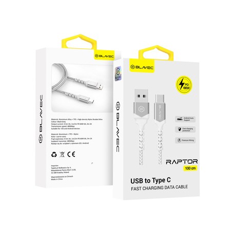 Blavec Raptor Braided CRA-UC6WS10 PD Usb/Usb-C DataCable 66W 6A 1m White