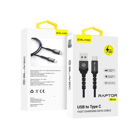 Blavec Raptor Braided CRA-UC6BG10 PD Usb/Usb-C DataCable 66W 6A 1m Black/Grey