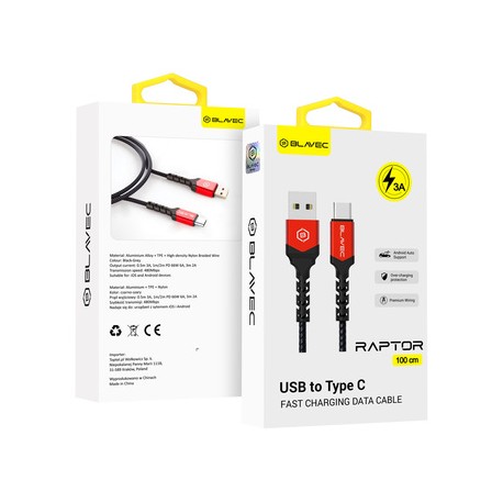 Blavec Raptor Braided CRA-UC3BR10 Usb/Usb-C DataCable 3A 1m Black/Red