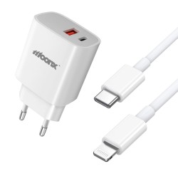 MOONX MC04 Usb+Usb-C Wall Adapter Charger 20W +Usb-C/Lightning Cable White