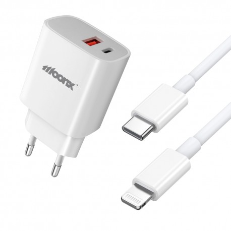 MOONX MC04 Usb+Usb-C Wall Adapter Charger 20W +Usb-C/Lightning Cable White
