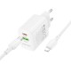 Borofone BN29 Fuente Usb+Usb-C Wall Adapter Charger PD QC3.0 30W+Usb-C/Lightning Cable White
