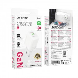 Borofone BN29 Fuente Usb+Usb-C Wall Adapter Charger PD QC3.0 30W+Usb-C/Lightning Cable White