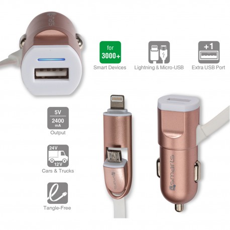 4smarts MultiCord MicroUSB+Lightning Car Charger rose gold