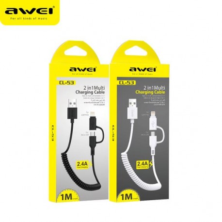 Awei Fast Charger Cable 2.4A 2 in 1 White 1m