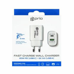 Prio Fast Charge Wall Charger 20W PD (USB C) + QC 3.0 (USB A) white
