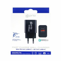Prio Fast Charge Wall Charger 18W PD (USB C) + QC 3.0 (USB A) Black