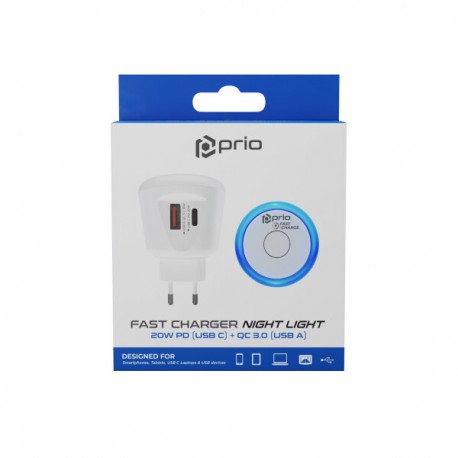 Prio Type-C PD 20W+Usb 3.0 Wall Adapter Fast Charger Night Light Blue