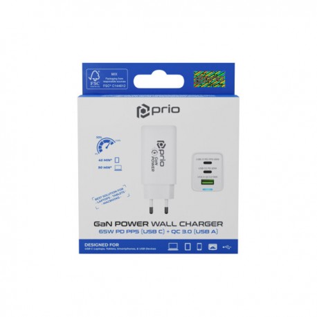 Prio Wall Adapter Charger 65W PD PPS Usb-C+QC 3.0 Usb A White