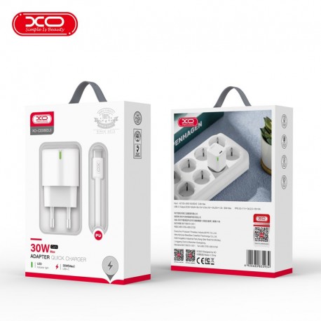 XO CE06 PD Wall Adapter Charger 30W Type + Usb-C/Usb-C Data Cable White