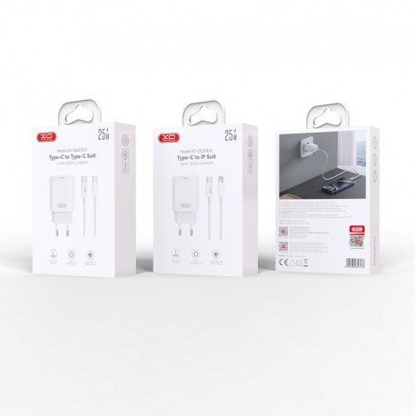 XO CE25 PD Wall Adapter Charger 25W 1xUsb-C+Usb-C/Usb-C Data Cable White